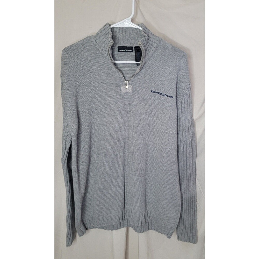 DKNY Mens XL Gray Quarter Zip Cotton Knit Sweater Ribbed Mock Neck Pullover